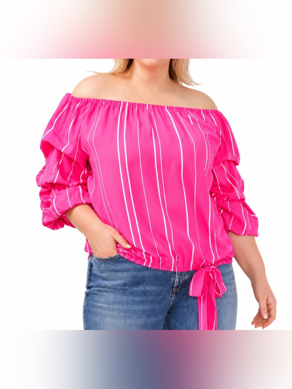 CeCe NWT pink striped off the shoulder top, large